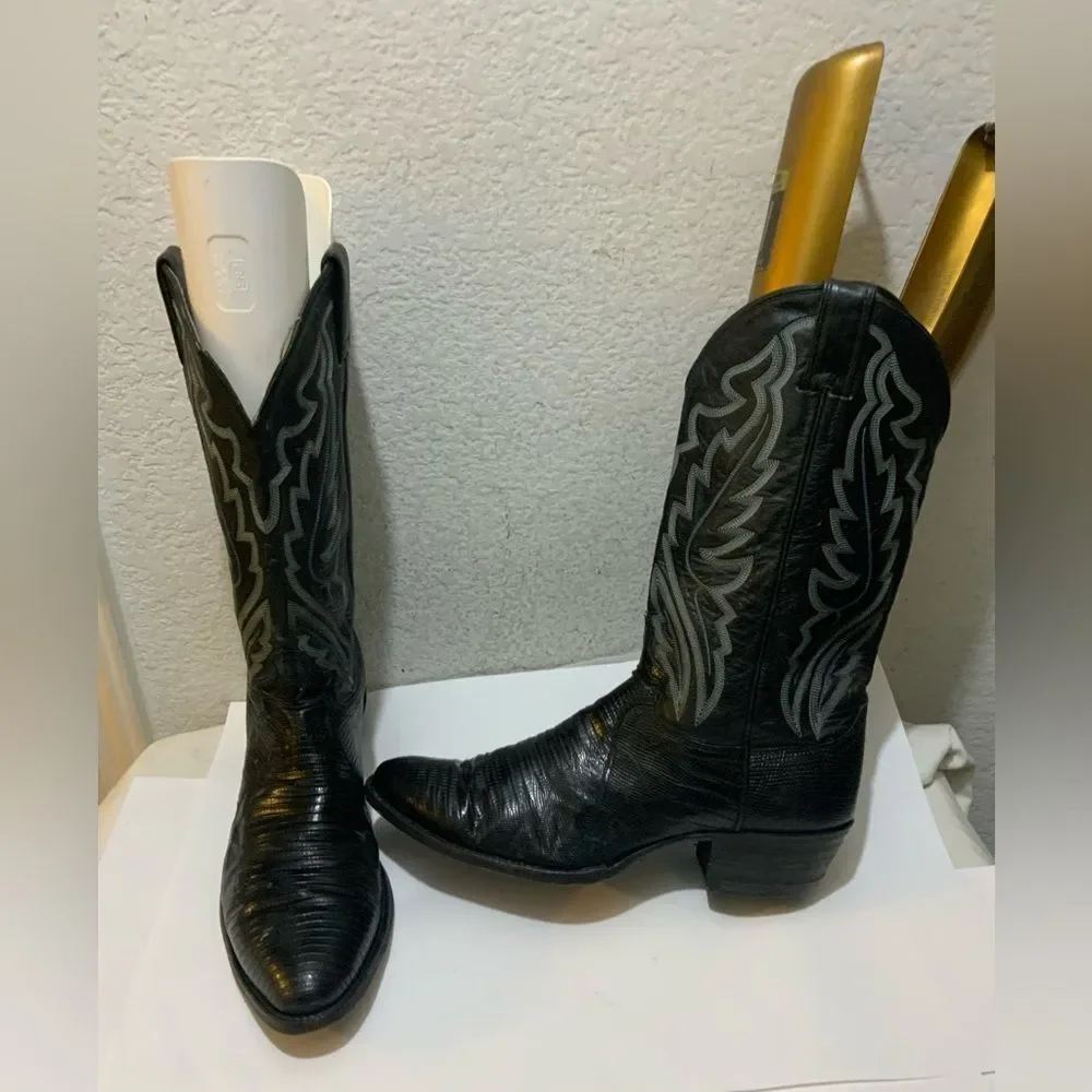 Justin Lizard Skin Leather Cowboy Western Boots Men's 9.5 D Black USA 8313